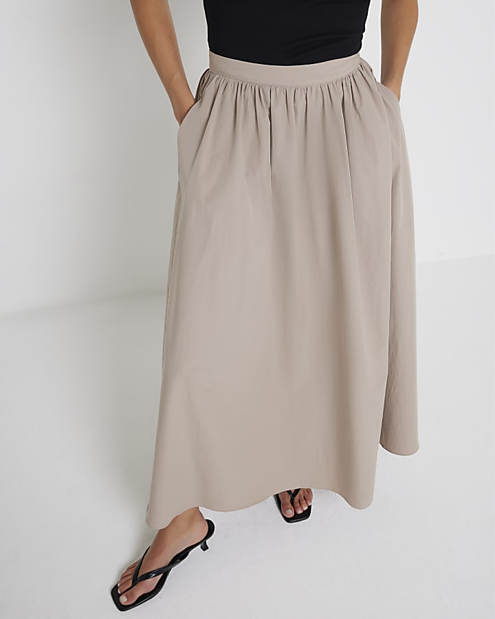 Beige Poplin Prom Midi Skirt