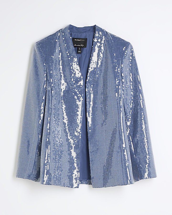 Petite Blue Sequin Collarless Blazer