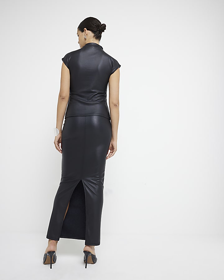 Black Coated Midi Skirt