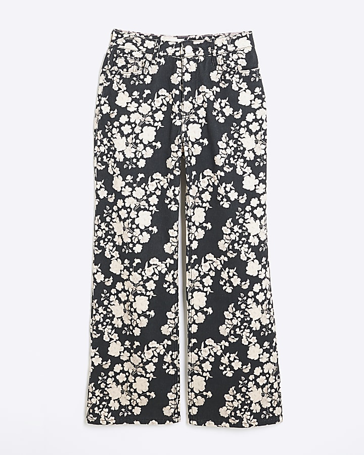 Petite Black Relaxed Straight Floral Jeans