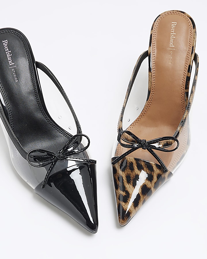 Brown Perspex Leopard Mule Heel Court Shoes