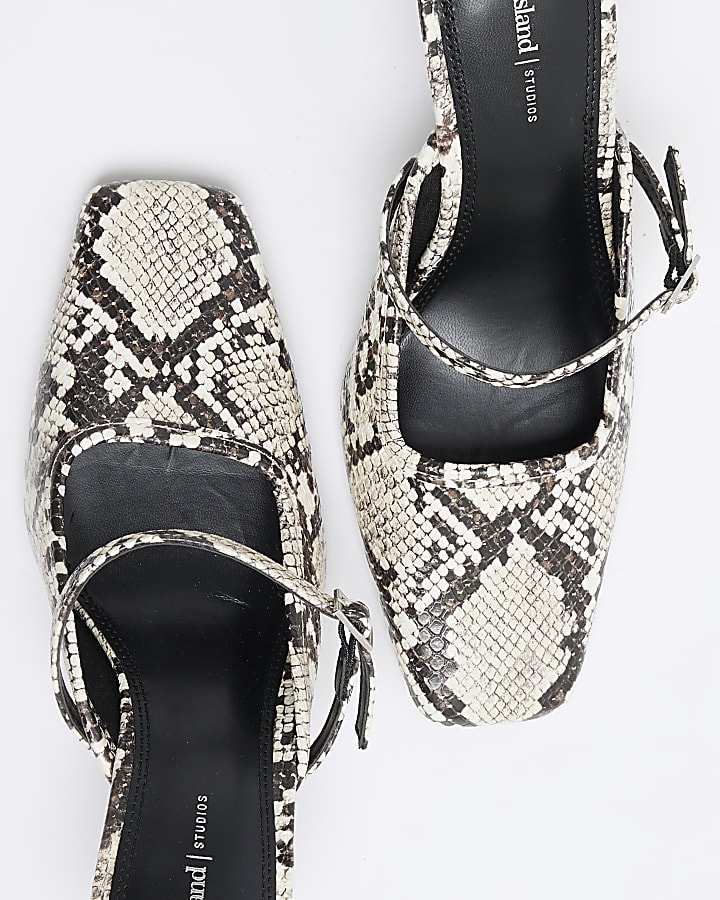 Grey Snake Buckle Strap Mule Heel Shoes
