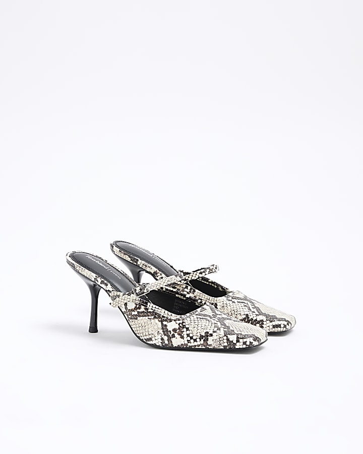 Grey Snake Buckle Strap Mule Heel Shoes
