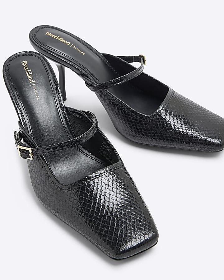 Black Buckle Strap Mule Heel Shoes