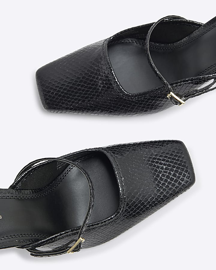 Black Buckle Strap Mule Heel Shoes