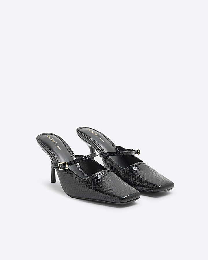 Black Buckle Strap Mule Heel Shoes