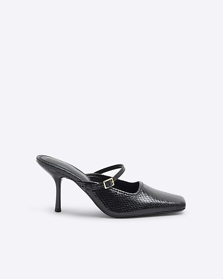 Black Buckle Strap Mule Heel Shoes