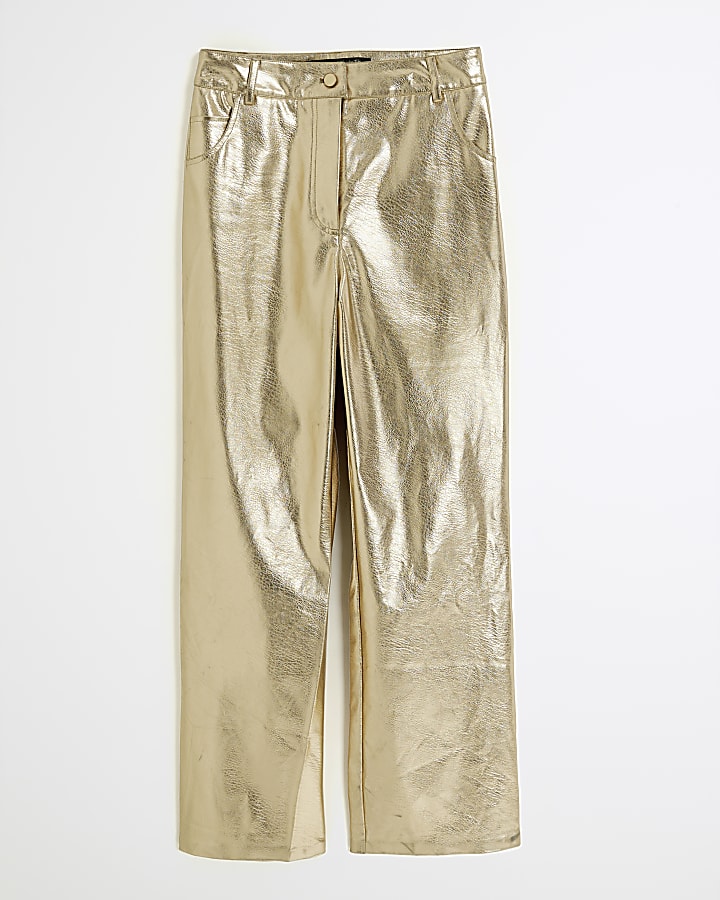 Petite Gold Metallic Faux Leather Trousers