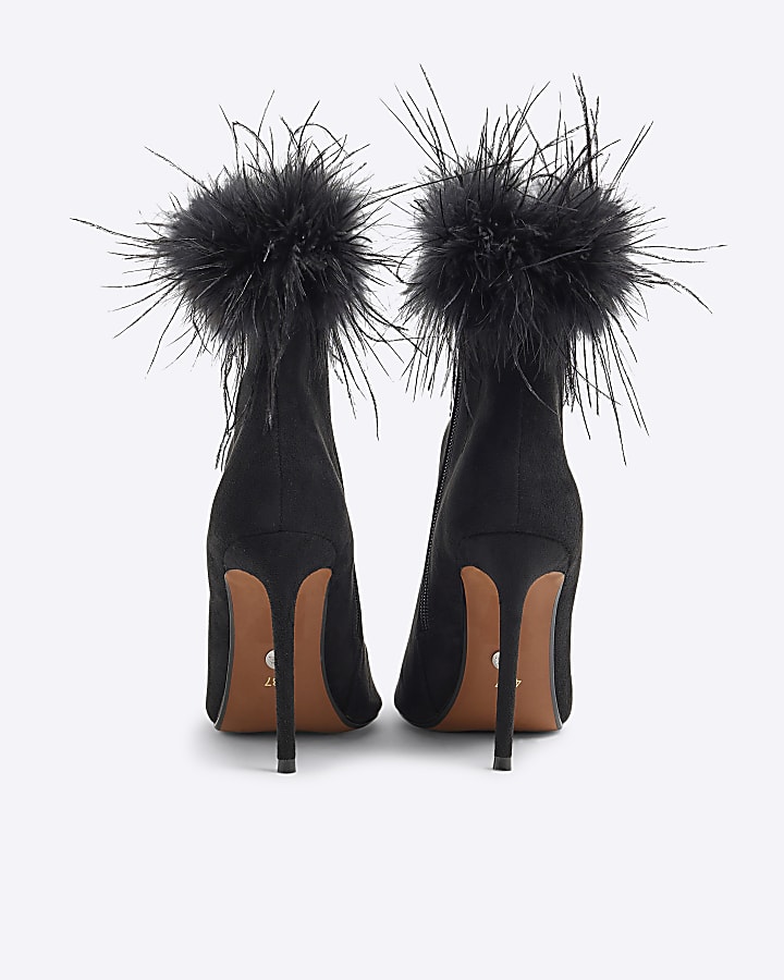 Black Suedette Faux Feather Cuff Heeled Boots