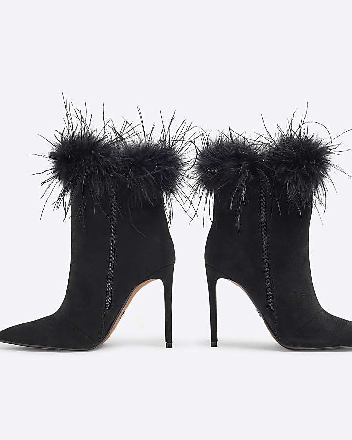 Black Suedette Faux Feather Cuff Heeled Boots