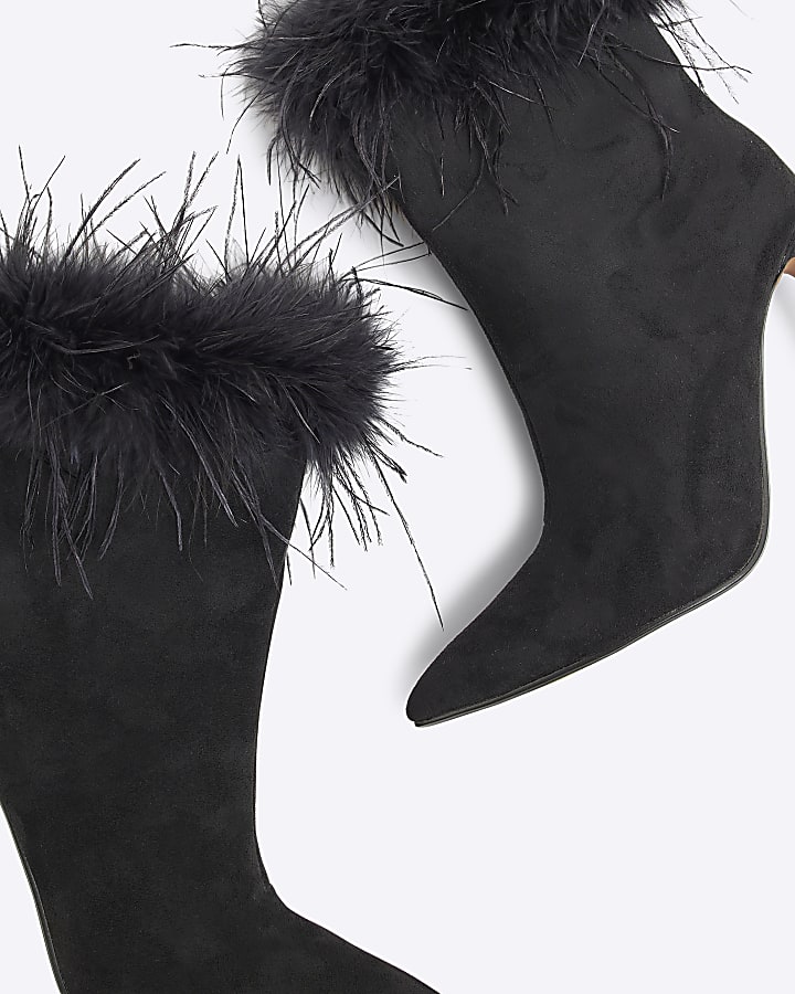 Black Suedette Faux Feather Cuff Heeled Boots