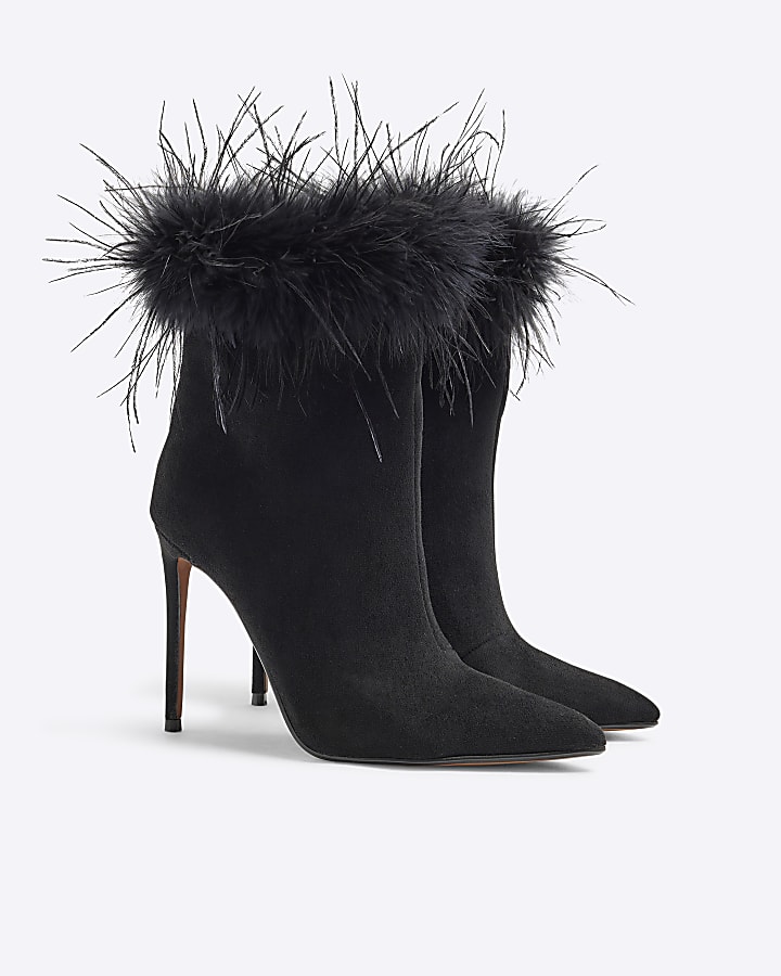 Black Suedette Faux Feather Cuff Heeled Boots