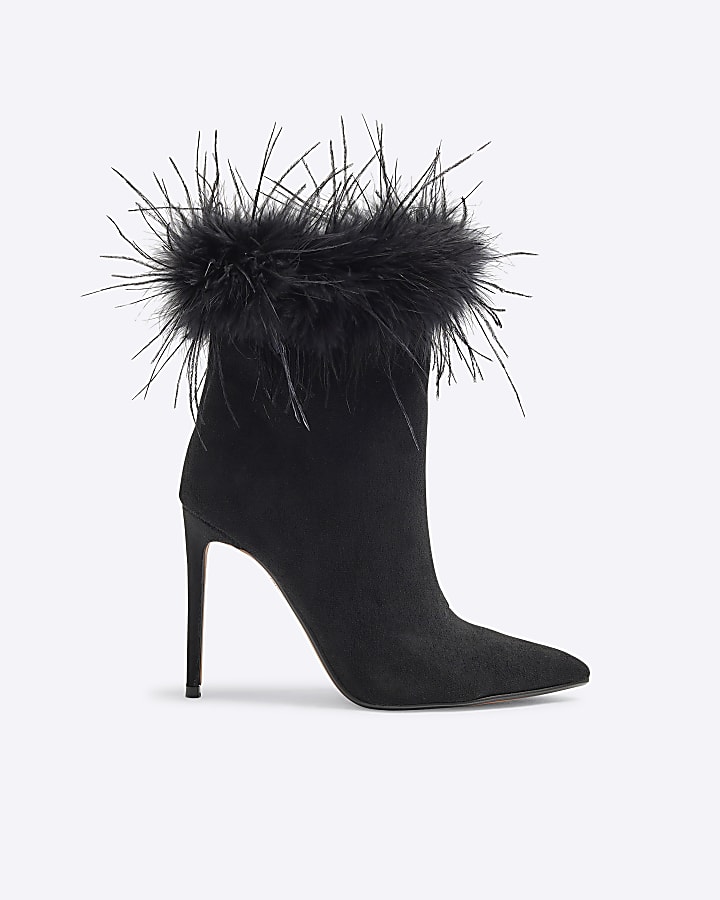 Black Suedette Faux Feather Cuff Heeled Boots