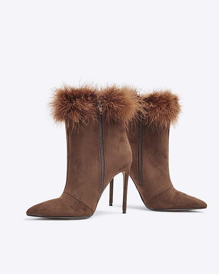 Brown Suedette Faux Feather Cuff Heeled Boots