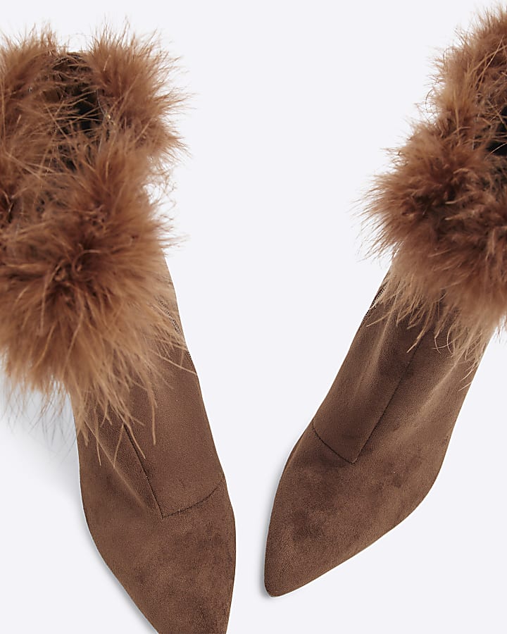 Brown Suedette Faux Feather Cuff Heeled Boots