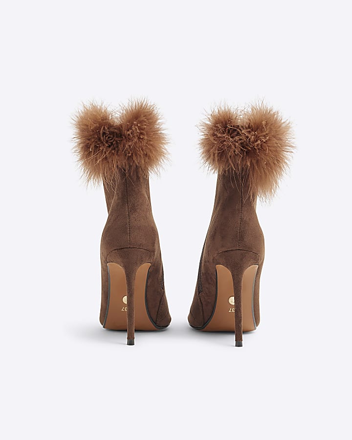 Brown Suedette Faux Feather Cuff Heeled Boots