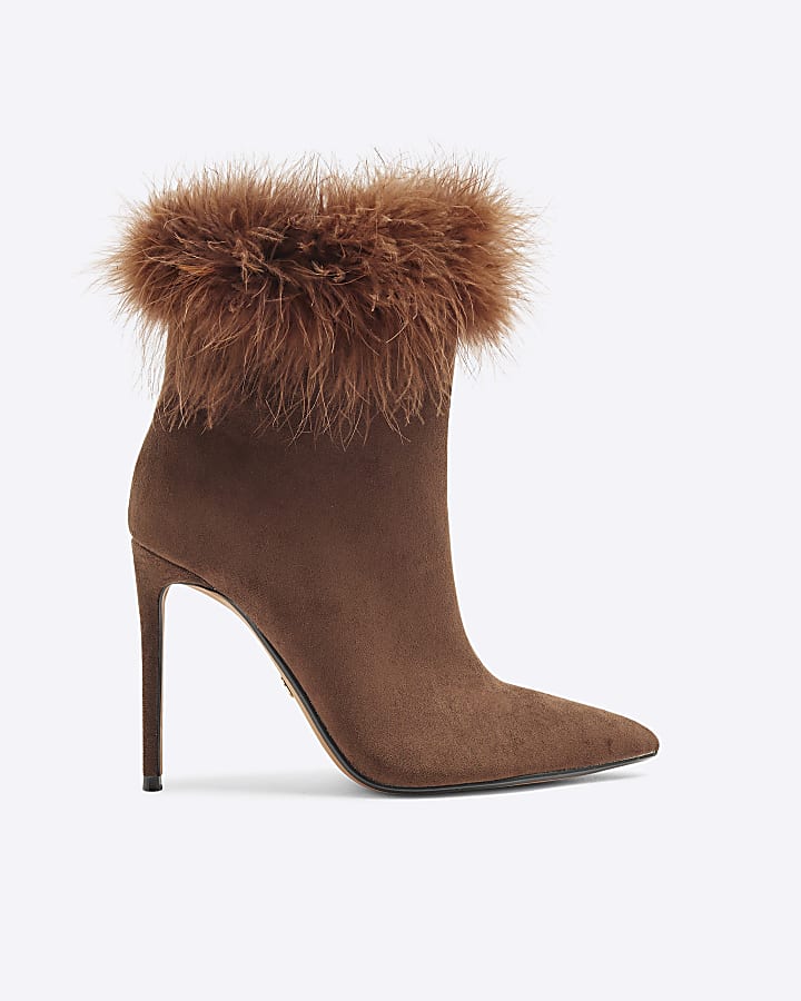 Brown Suedette Faux Feather Cuff Heeled Boots