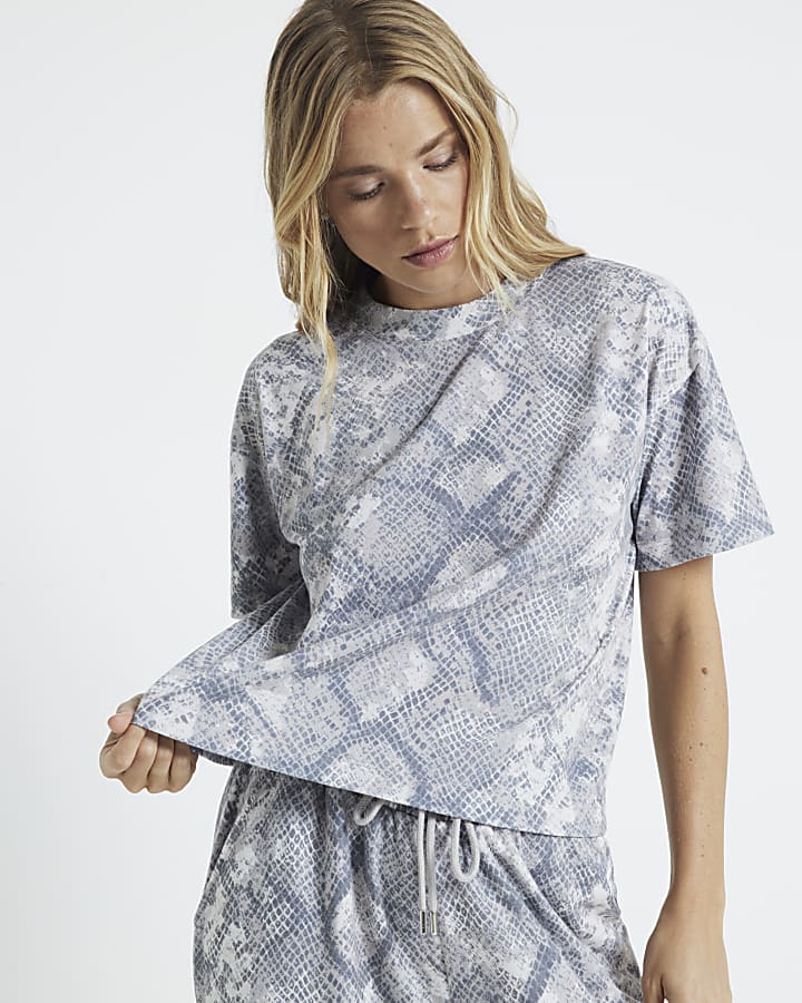 Grey snake print crop t-shirt