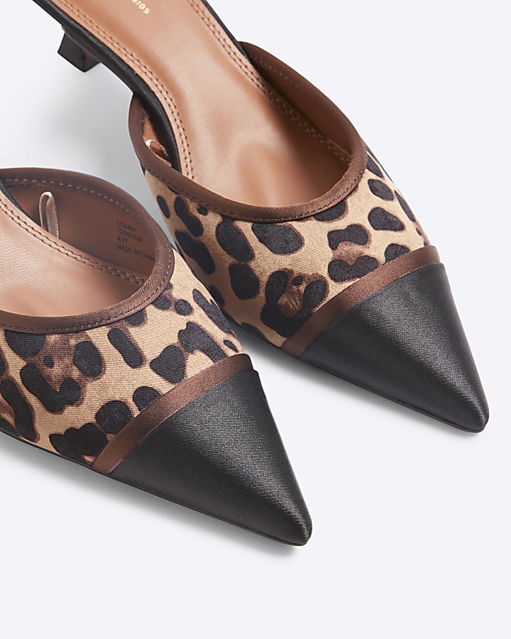 Brown Leopard Pointed Heeled Mules