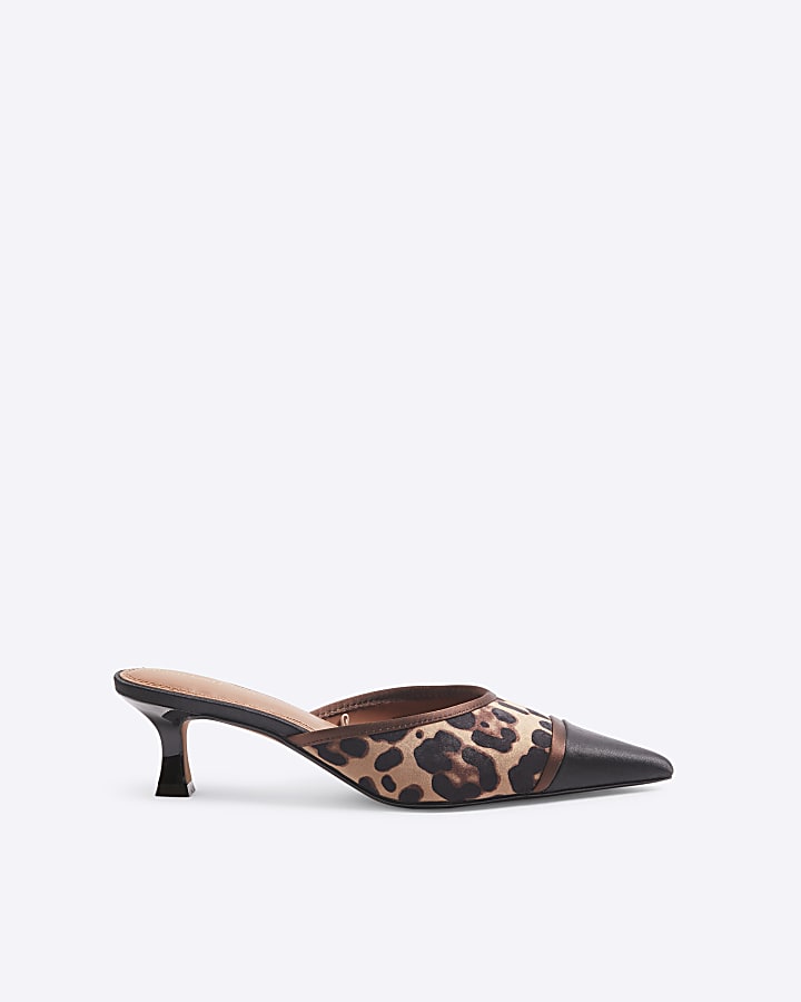 Brown Leopard Pointed Heeled Mules