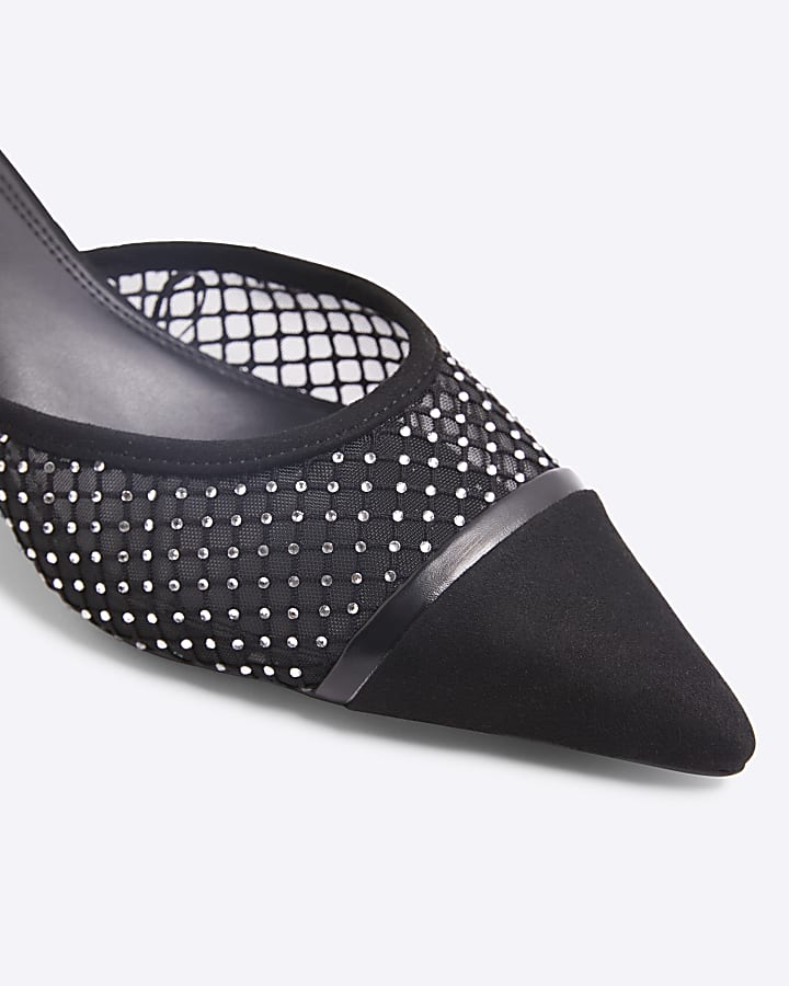 Black Gem Mesh Pointed Toe Kitten Heel Mules