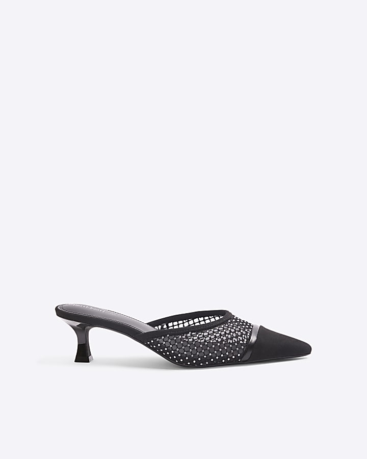 Black Gem Mesh Pointed Toe Kitten Heel Mules