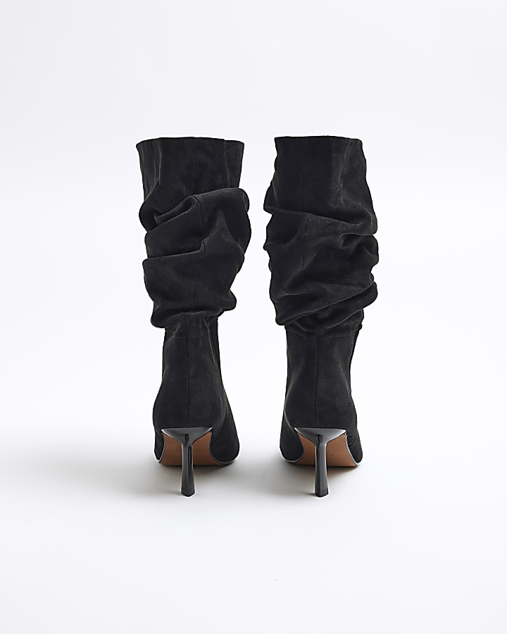 Black Suedette Slouch High Leg Heeled Boots