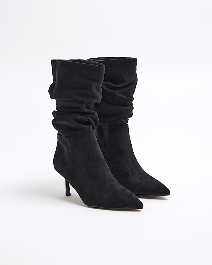 Black Faux Suede Slouch High Leg Heeled Boots