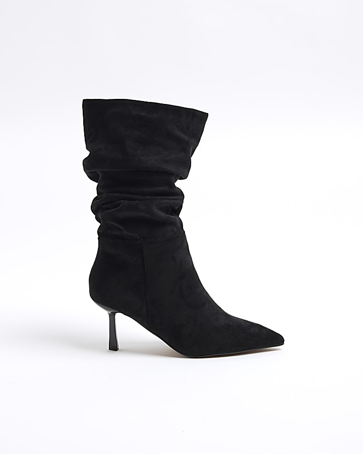 Black Suedette Slouch High Leg Heeled Boots