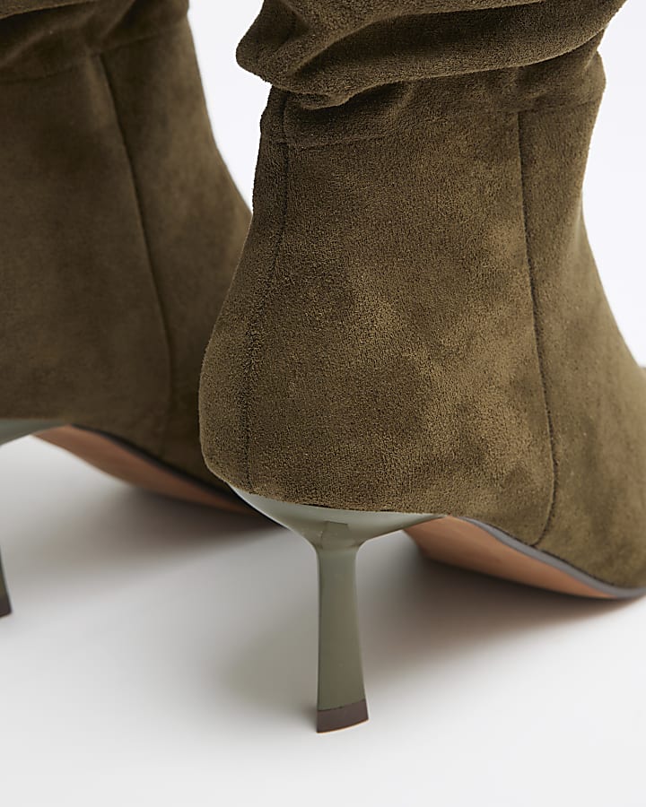 Khaki Suedette Slouch High Leg Heeled Boots