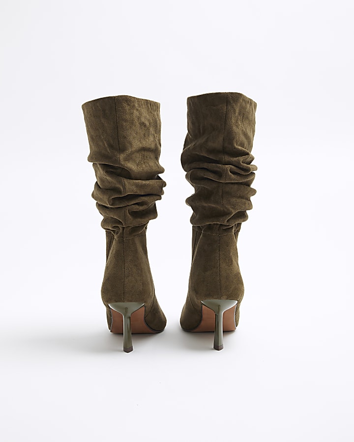 Khaki Suedette Slouch High Leg Heeled Boots