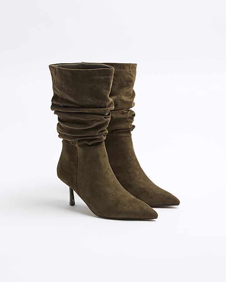 Khaki Suedette Slouch High Leg Heeled Boots