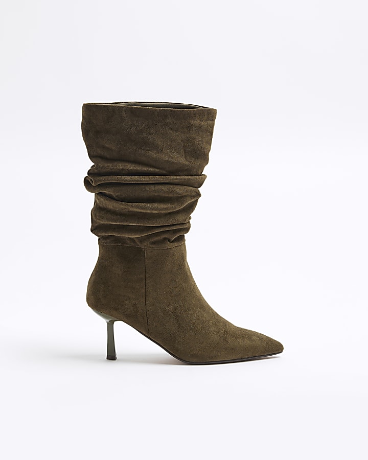 Khaki Suedette Slouch High Leg Heeled Boots