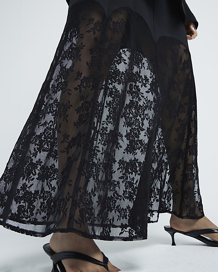 Petite Black Satin Lace Midi Skirt