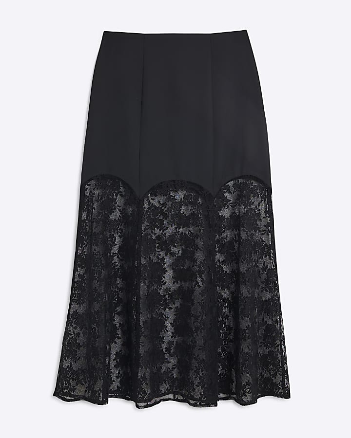 Petite Black Satin Lace Midi Skirt