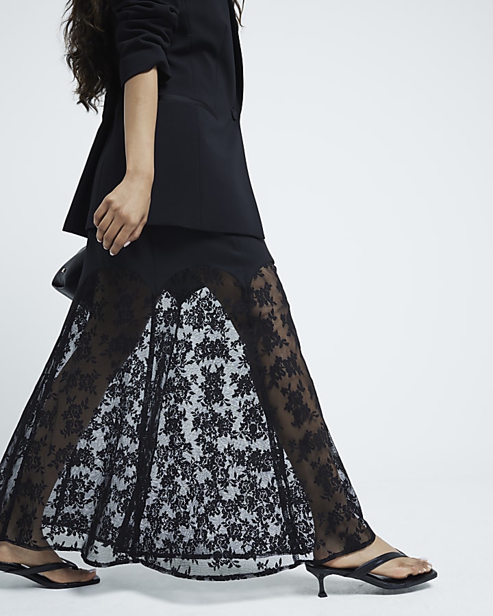 Petite Black Satin Lace Midi Skirt