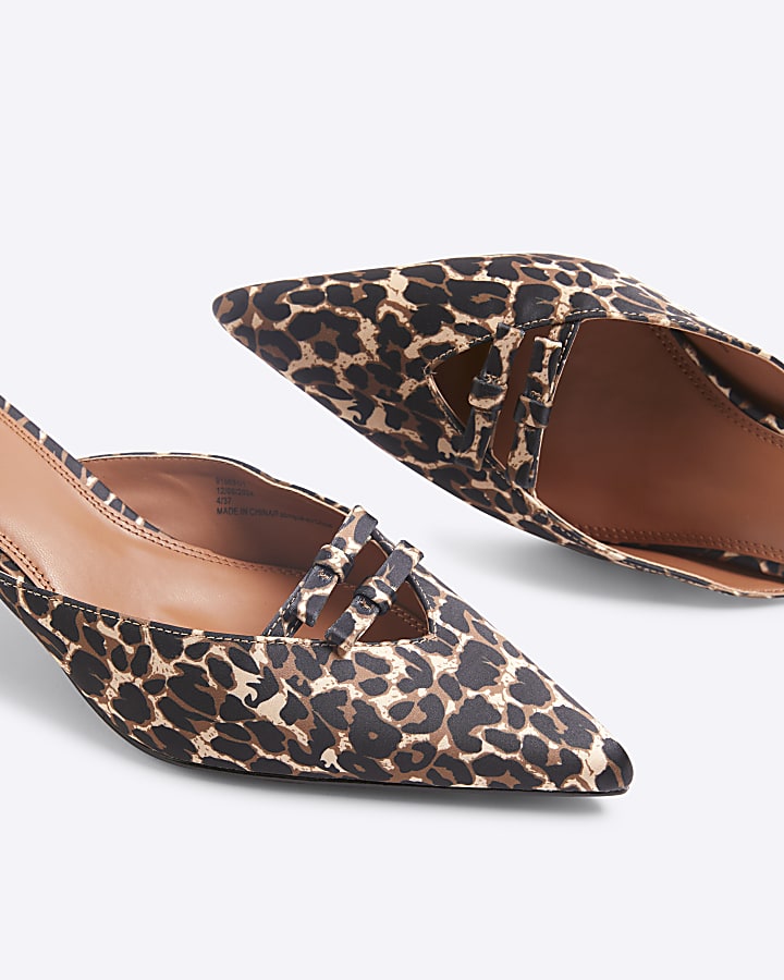 Brown Satin Leopard Bow Kitten Heel Mules