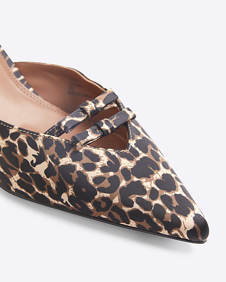 Brown Satin Leopard Bow Kitten Heel Mules