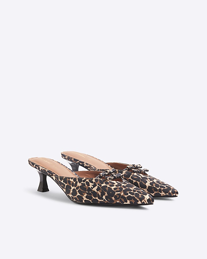 Brown Satin Leopard Bow Kitten Heel Mules