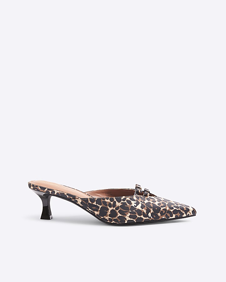 Brown Satin Leopard Bow Kitten Heel Mules