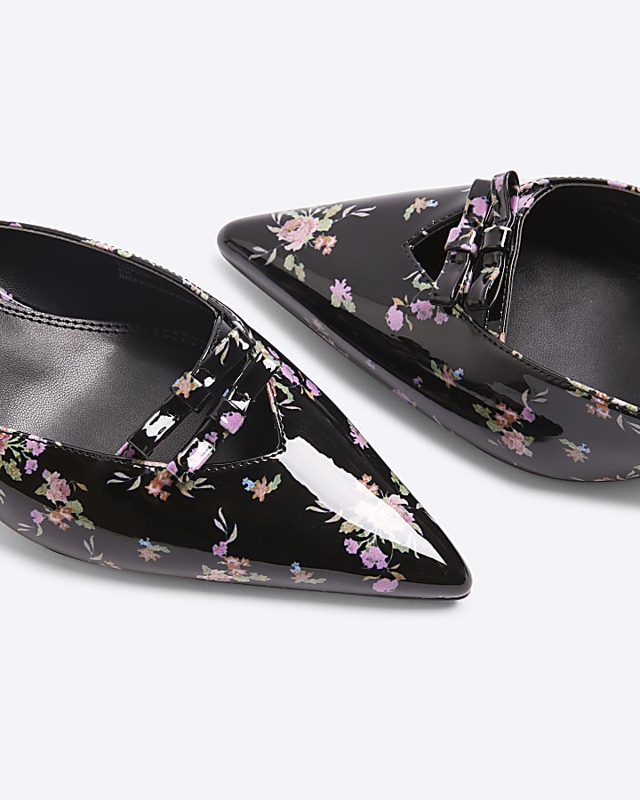 Black Patent Floral Bow Kitten Heel Mules