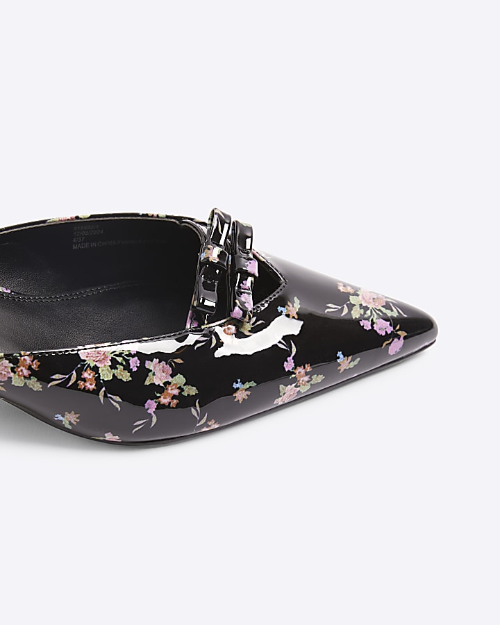 Black Patent Floral Bow Kitten Heel Mules