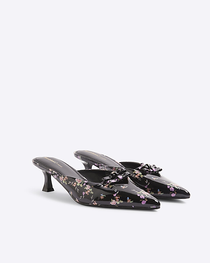 Black Patent Floral Bow Kitten Heel Mules