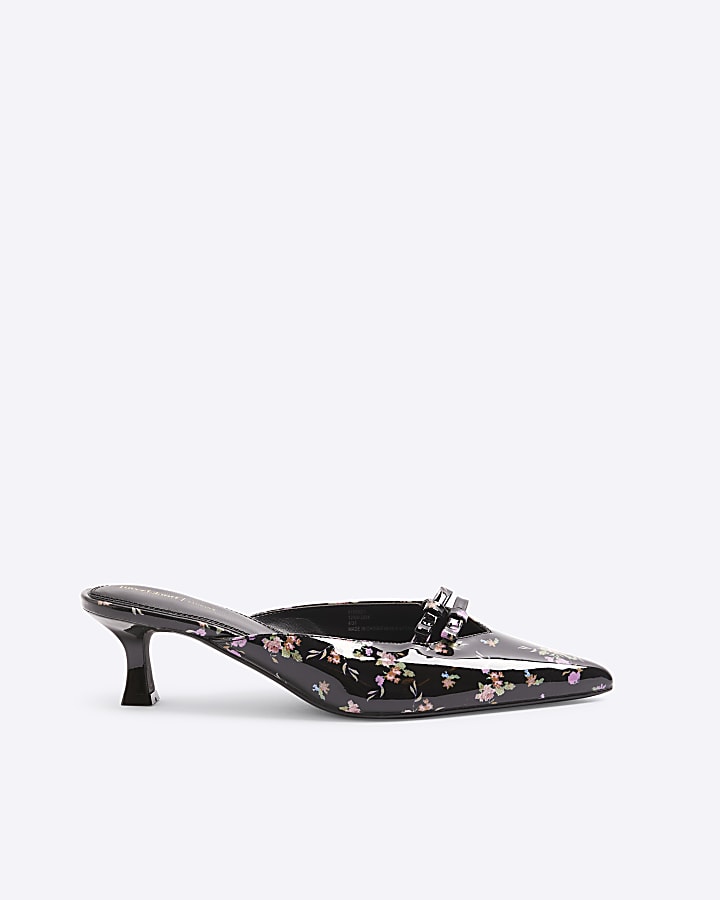 Black Patent Floral Bow Kitten Heel Mules