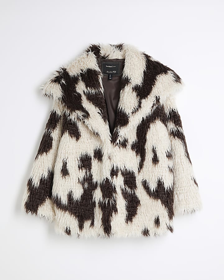 Petite Cream Cow Faux Shawl Fur Coat