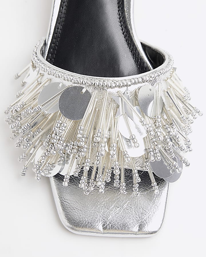 Silver Beaded Kitten Heel Mule Sandals