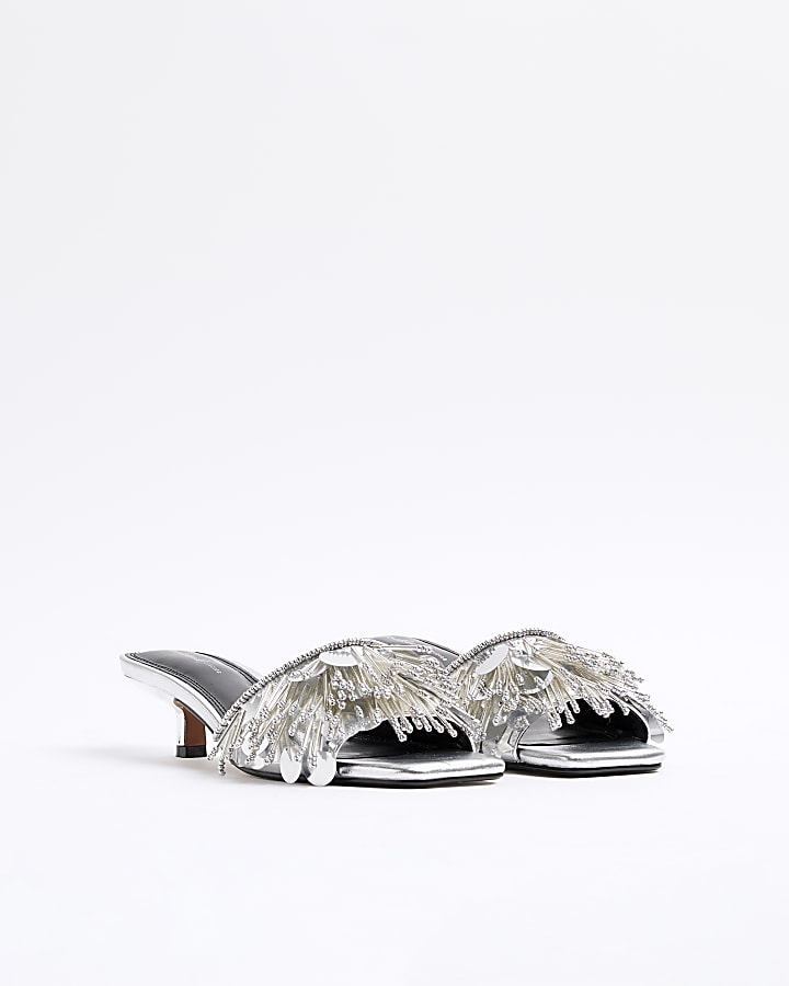 Silver Beaded Kitten Heel Mule Sandals