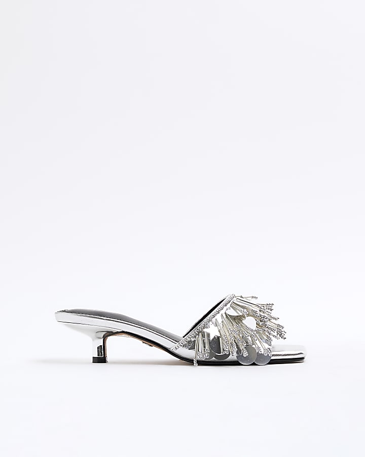 Silver Beaded Kitten Heel Mule Sandals