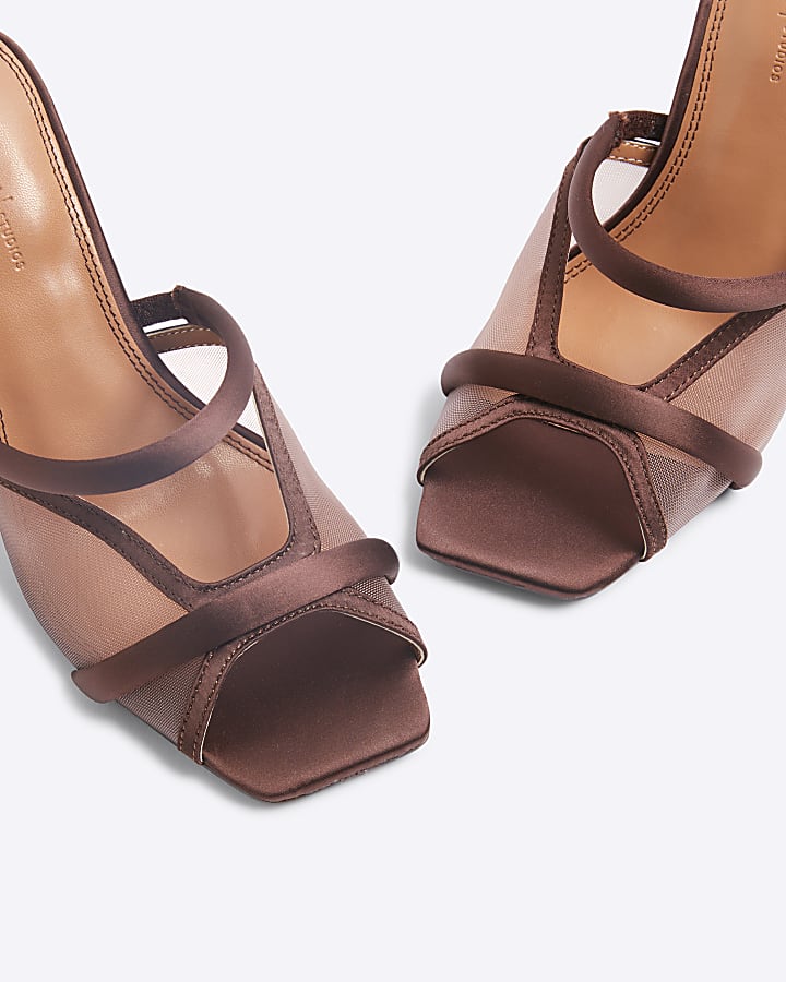 Brown Mesh Cross Strapped Heeled Mule Sandals