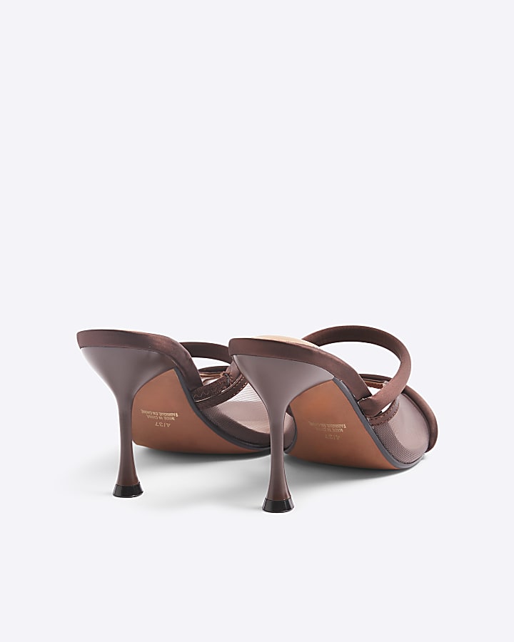 Brown Mesh Cross Strapped Heeled Mule Sandals
